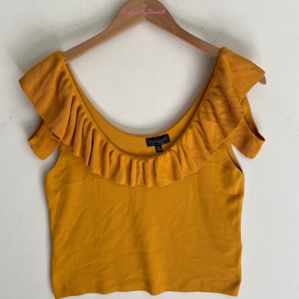 TopShop Off The Shoulder Ruffled Mustard Top,‎ Size 12, NWT